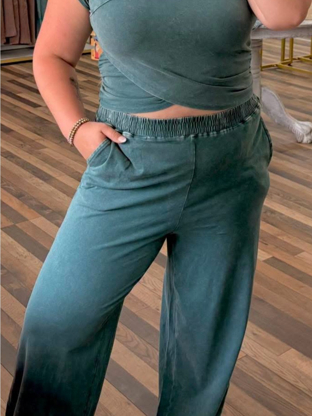 Double Zero Relaxed Wide-Leg Pants jogger style   and top in Teal Green